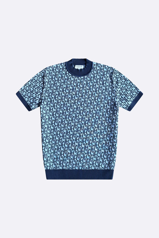 Blue Monogram Knitted fabric , cotton,looking stylish is a primary focus